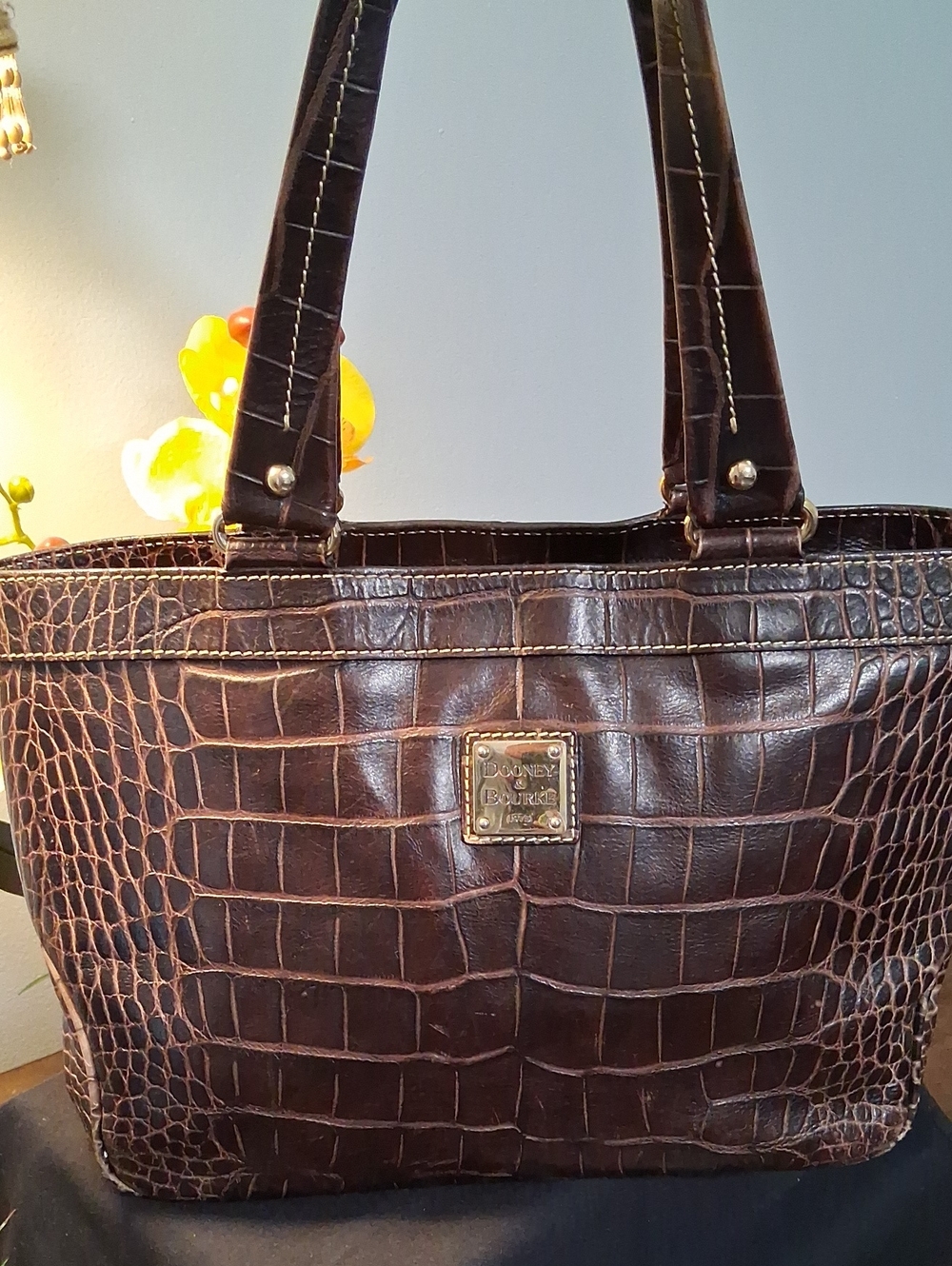 Dooney & Bourke Dark Brown Croc-Embossed Leather Tote with Gold Plaque